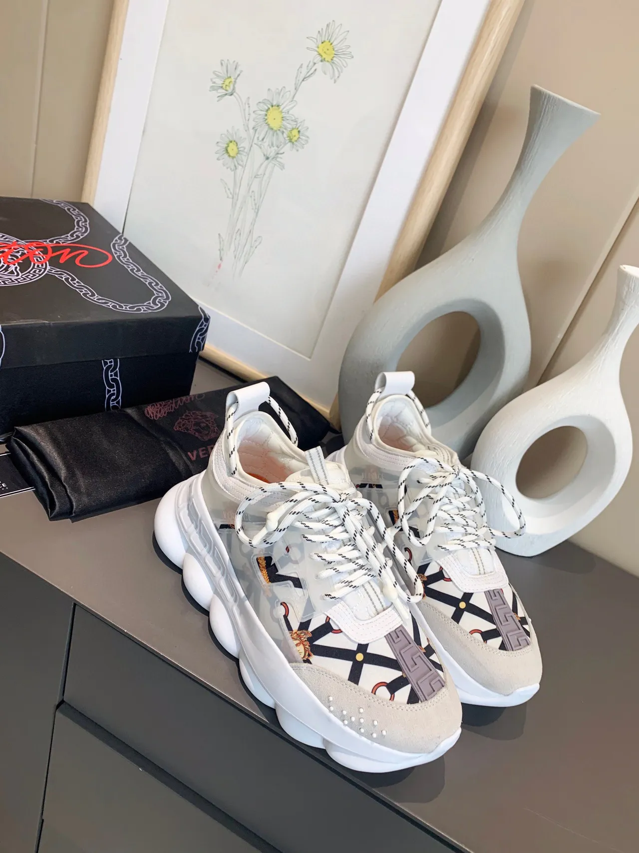Versace Chain Reaction White Black Orange Chunky Sneakers 4