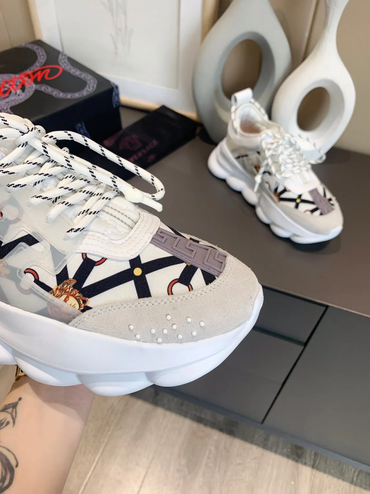 Versace Chain Reaction White Black Orange Chunky Sneakers 5