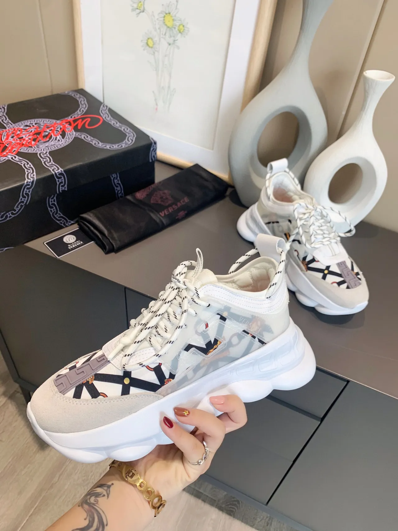 Versace Chain Reaction White Black Orange Chunky Sneakers 7