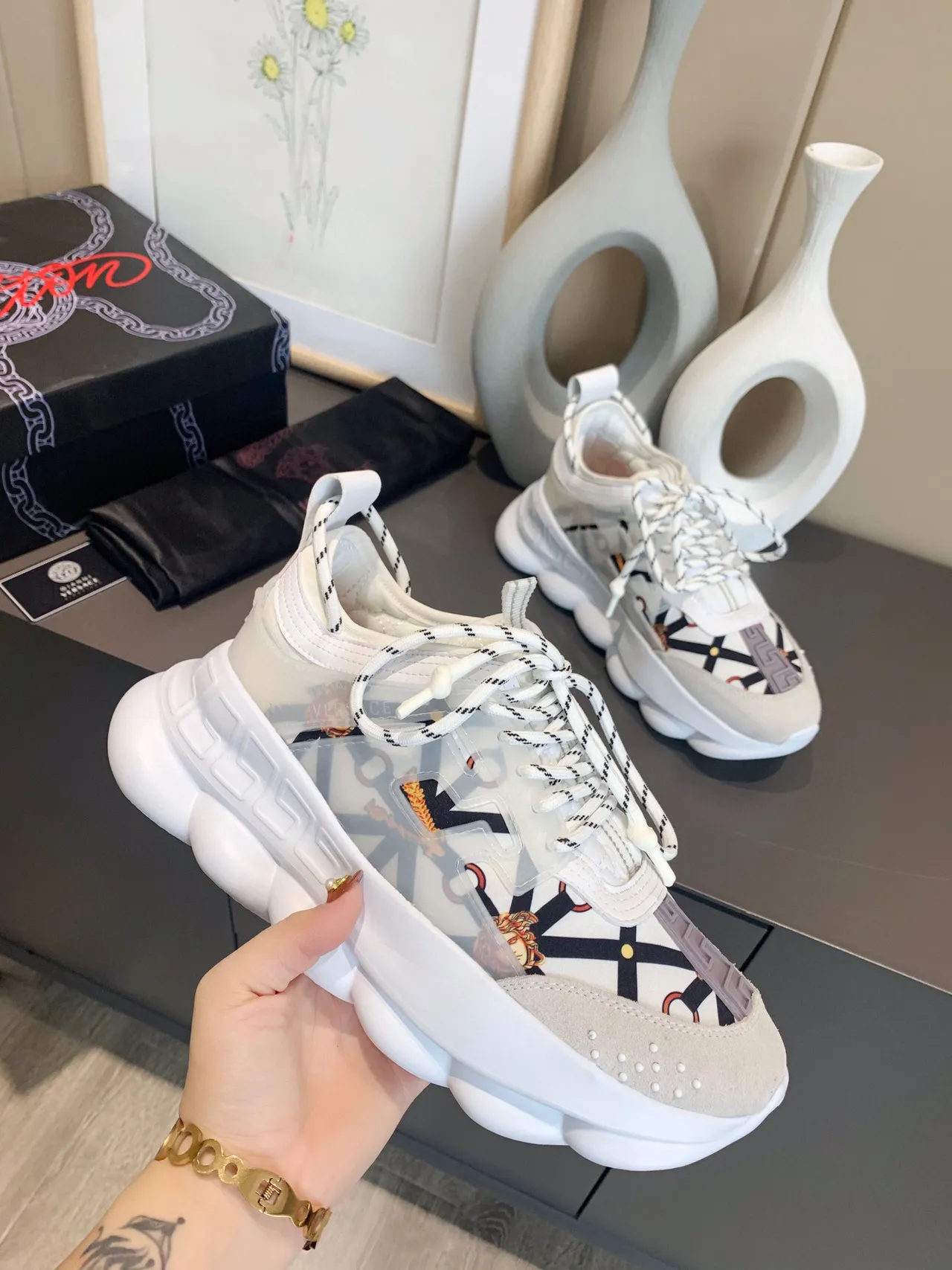 Versace Chain Reaction White Black Orange Chunky Sneakers 9