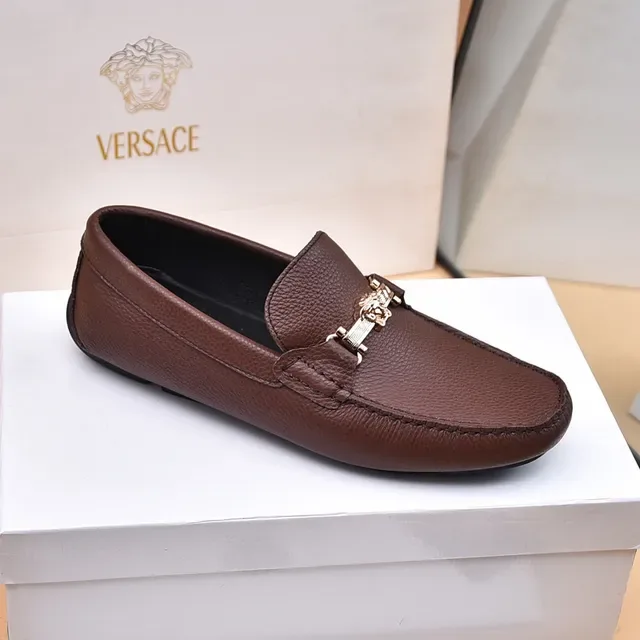 Versace Collection Mocassins Marron Cuir Pebbled Horsebit 4
