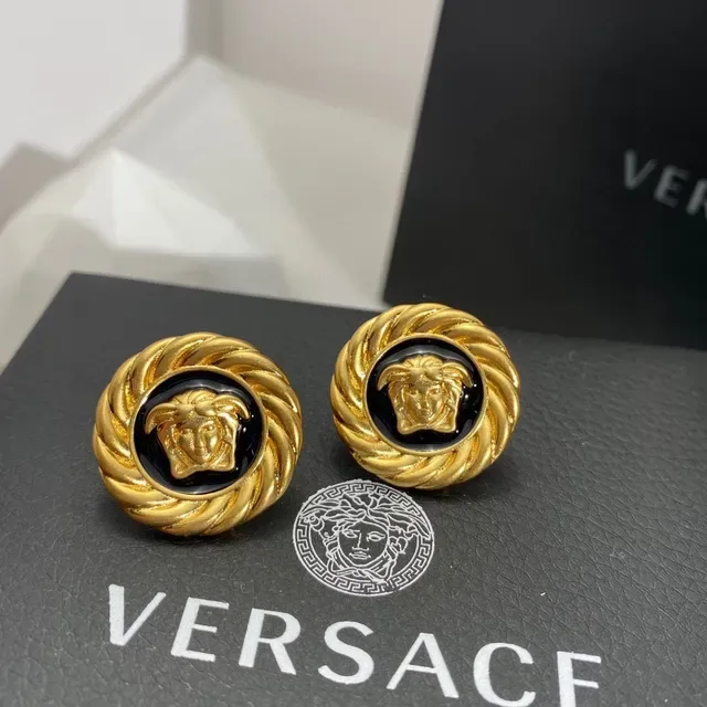 Versace Medusa Brincos Ouro Preto Borda Cordão Trançado Esmaltado Medalhão 2