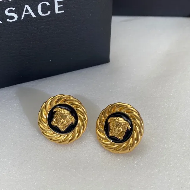 Versace Medusa Brincos Ouro Preto Borda Cordão Trançado Esmaltado Medalhão 3