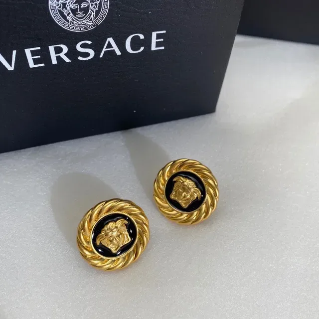 Versace Medusa Brincos Ouro Preto Borda Cordão Trançado Esmaltado Medalhão 5