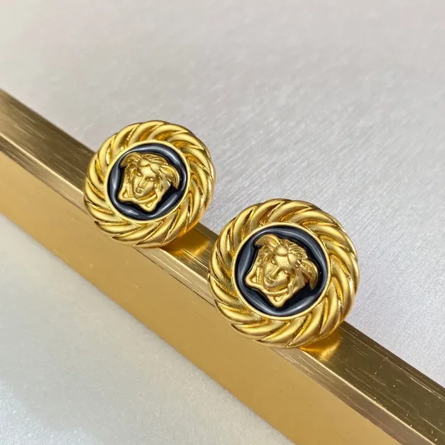 Versace Medusa Brincos Ouro Preto Borda Cordão Trançado Esmaltado Medalhão 6
