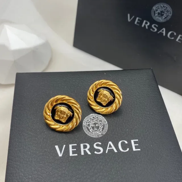 Versace Medusa Brincos Ouro Preto Borda Cordão Trançado Esmaltado Medalhão 8