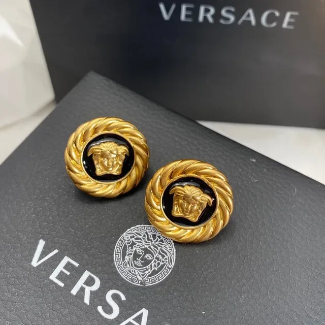 Versace Medusa Brincos Ouro Preto Borda Cordão Trançado Esmaltado Medalhão 9