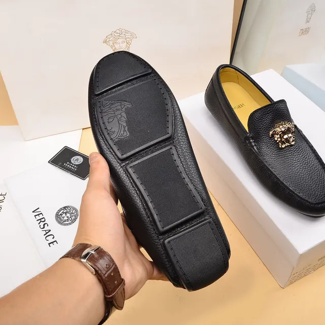 Versace Medusa Head Black Gold Pebbled Leather Hardware Loafer 4