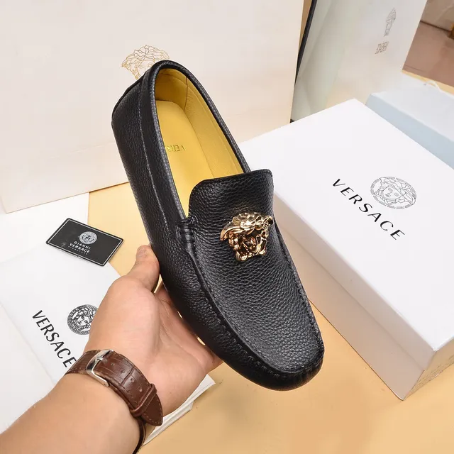Versace Medusa Head Black Gold Pebbled Leather Hardware Loafer 6