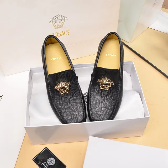 Versace Medusa Head Black Gold Pebbled Leather Hardware Loafer 8