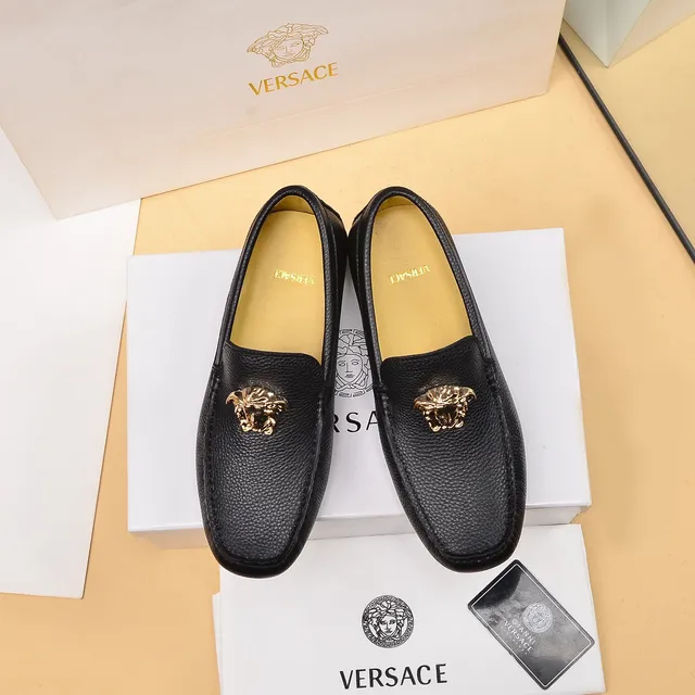Versace Medusa Head Black Gold Pebbled Leather Hardware Loafer 9