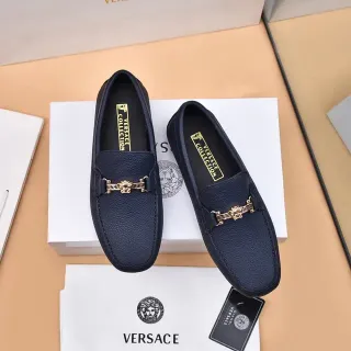 Versace Bleu Marine Doré Cuir Pébblé Médusa Horsebit Mocassin