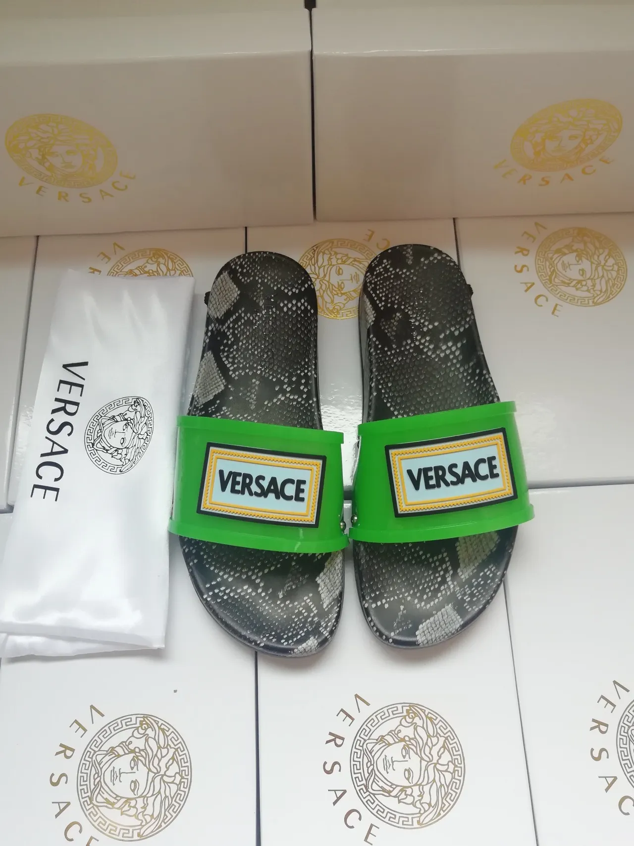 Versace Slide Snakeskin-Print Black Green Strap Slippers 2