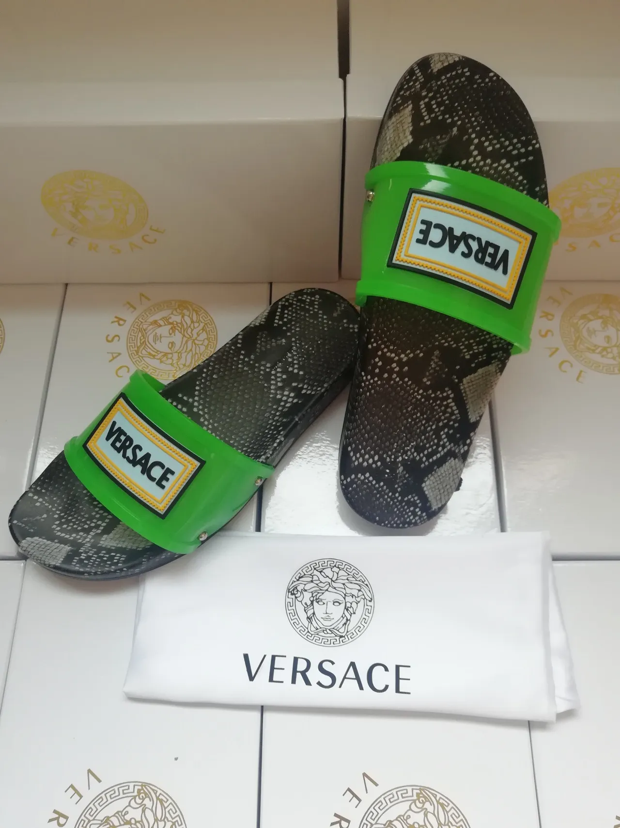 Versace Slide Snakeskin-Print Black Green Strap Slippers 3