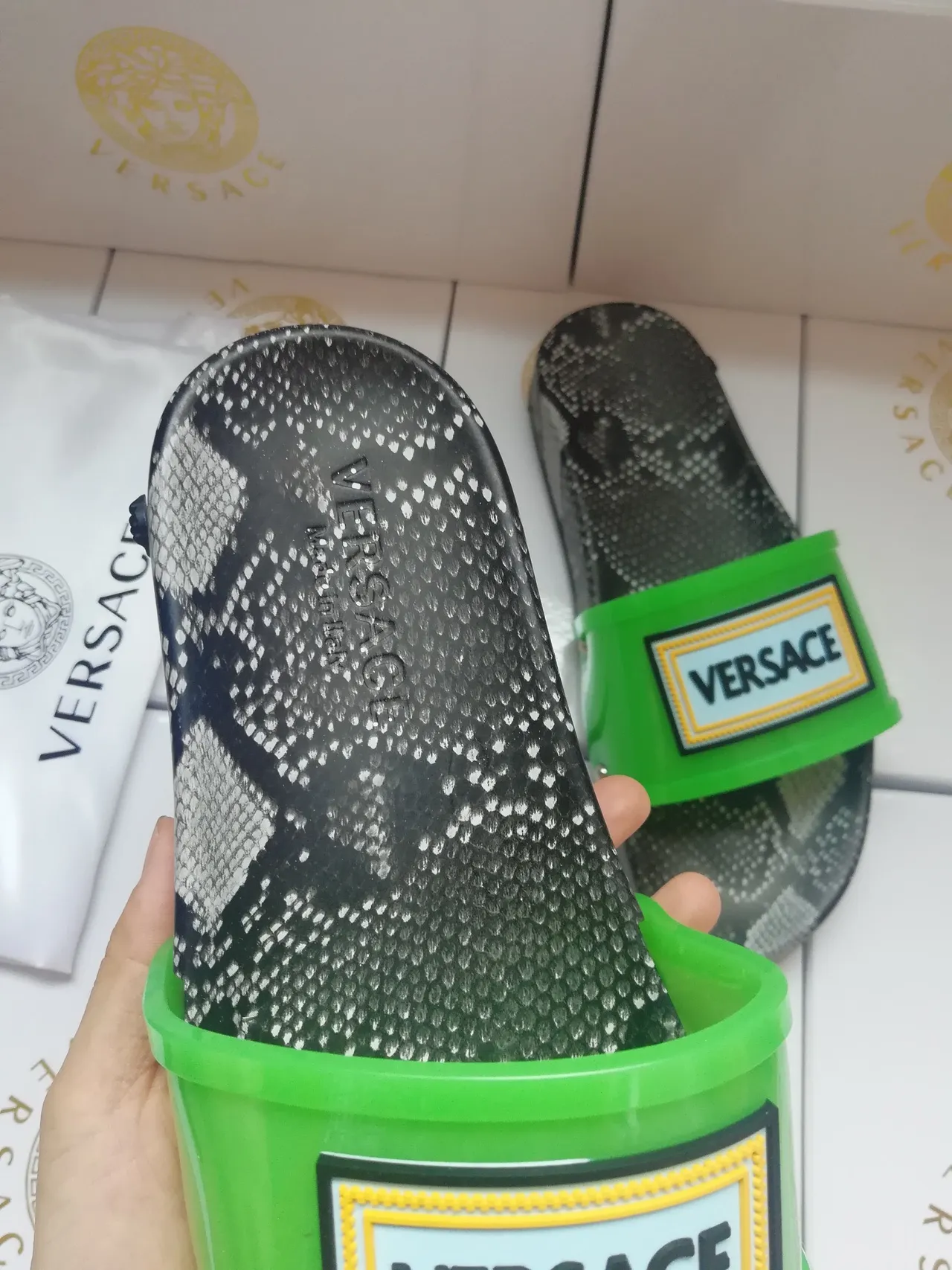 Versace Slide Snakeskin-Print Black Green Strap Slippers 4