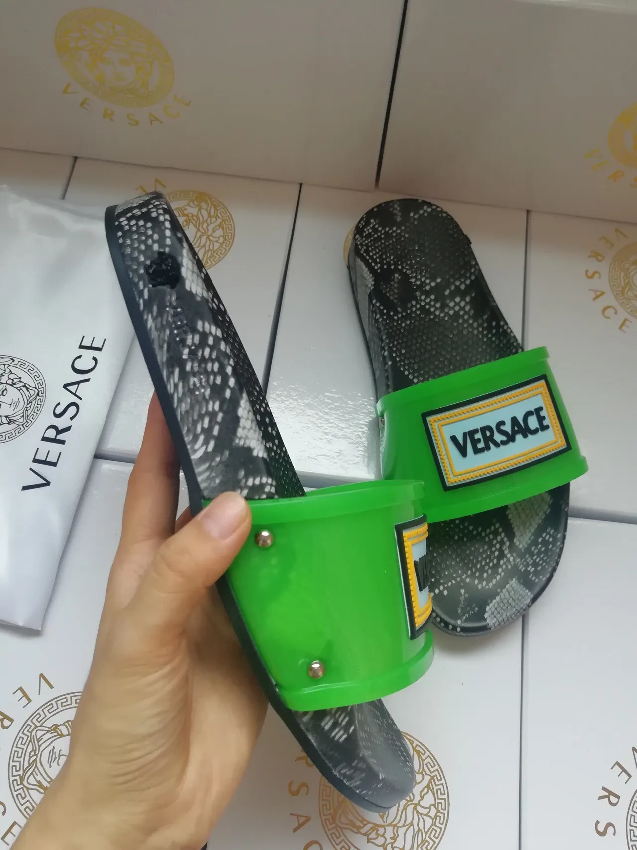 Versace Slide Snakeskin-Print Black Green Strap Slippers 5