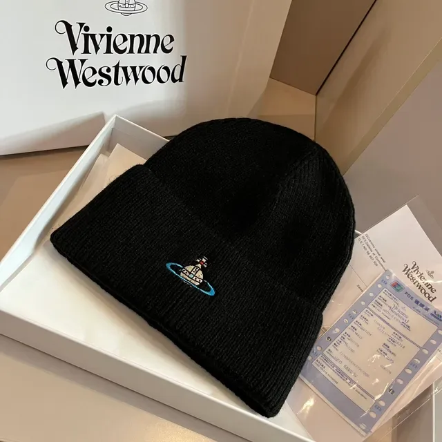 Vivienne Westwood Orb Bonnet Tricoté Côtelé Manchette Pliée Noir et Bleu 5