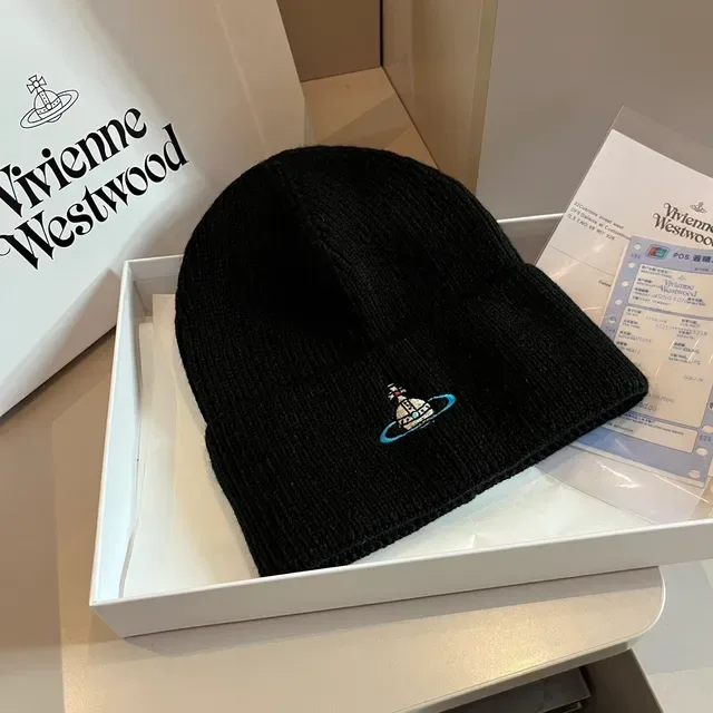 Vivienne Westwood Orb Bonnet Tricoté Côtelé Manchette Pliée Noir et Bleu 7