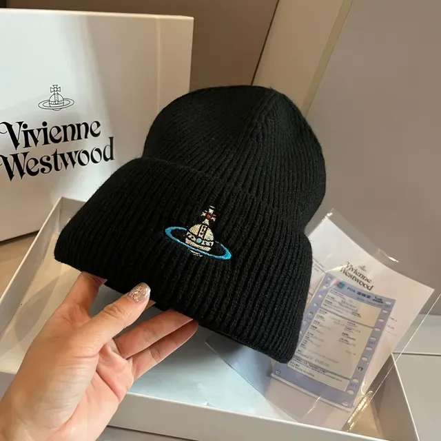 Vivienne Westwood Orb Bonnet Tricoté Côtelé Manchette Pliée Noir et Bleu 8