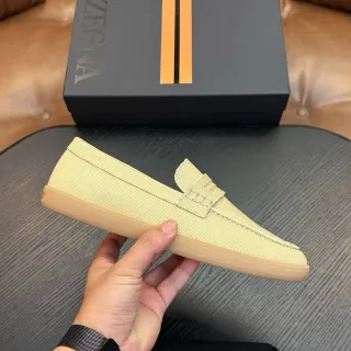 Zegna Beige Brown Canvas Upper Penny Strap Loafer