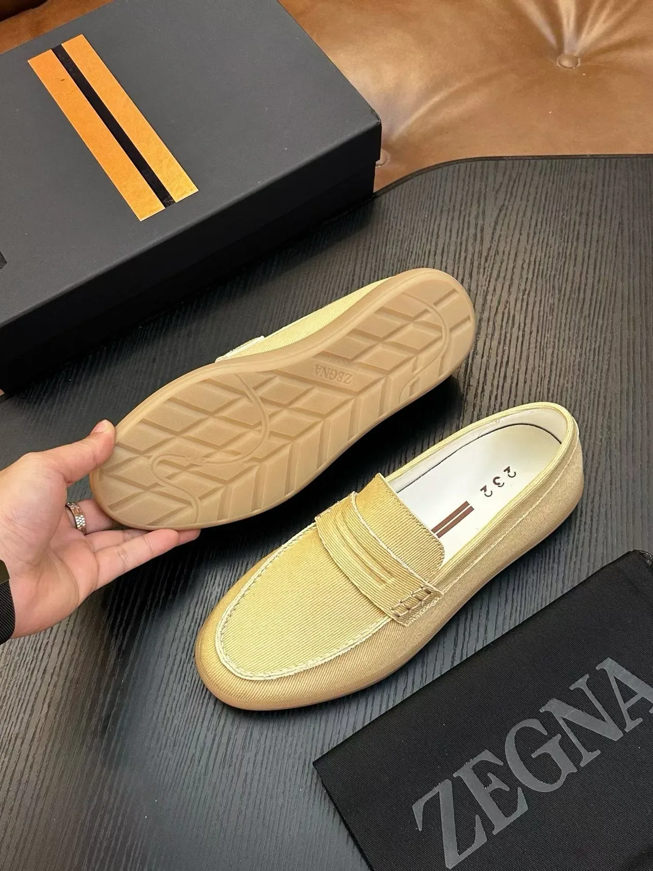 Zegna Mocassins Beige Marron Tige Toile Bride Penny 2