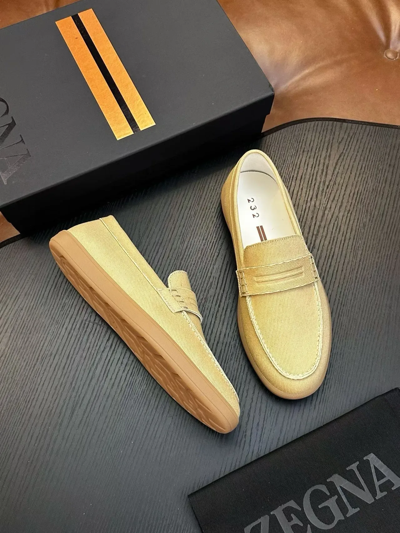 Zegna Mocassins Beige Marron Tige Toile Bride Penny 5