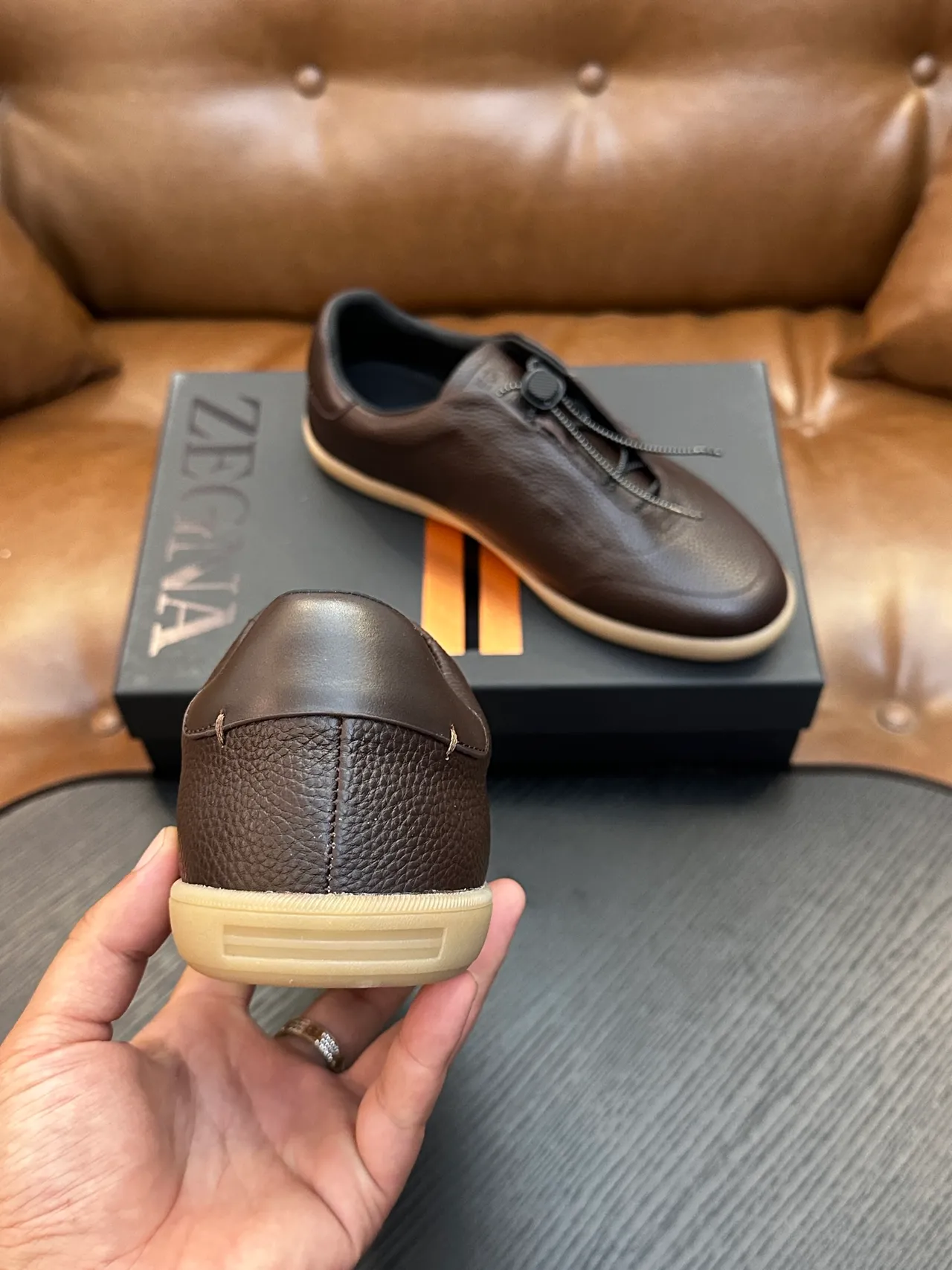 Zegna Loafer De Couro Castanho Com Zíper Pebble 3
