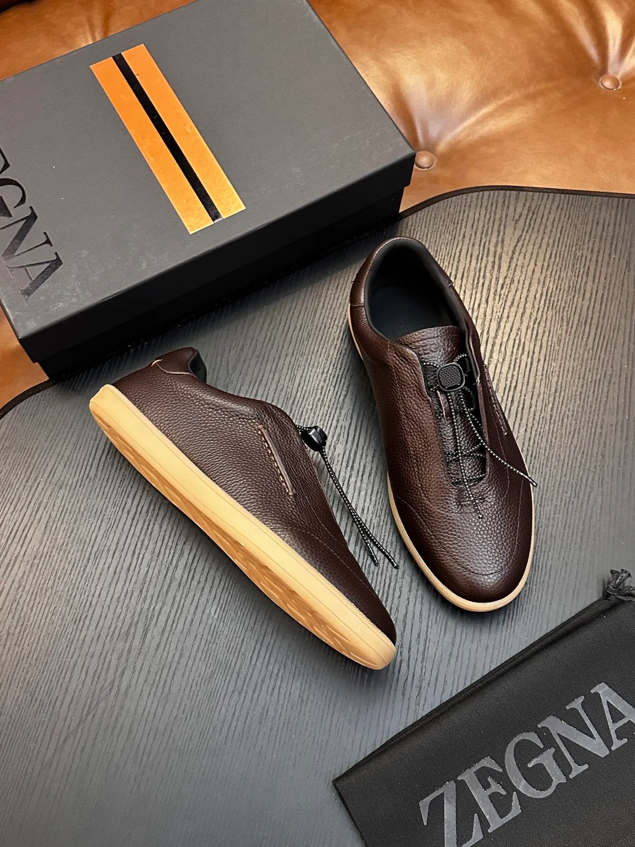 Zegna Loafer De Couro Castanho Com Zíper Pebble 5