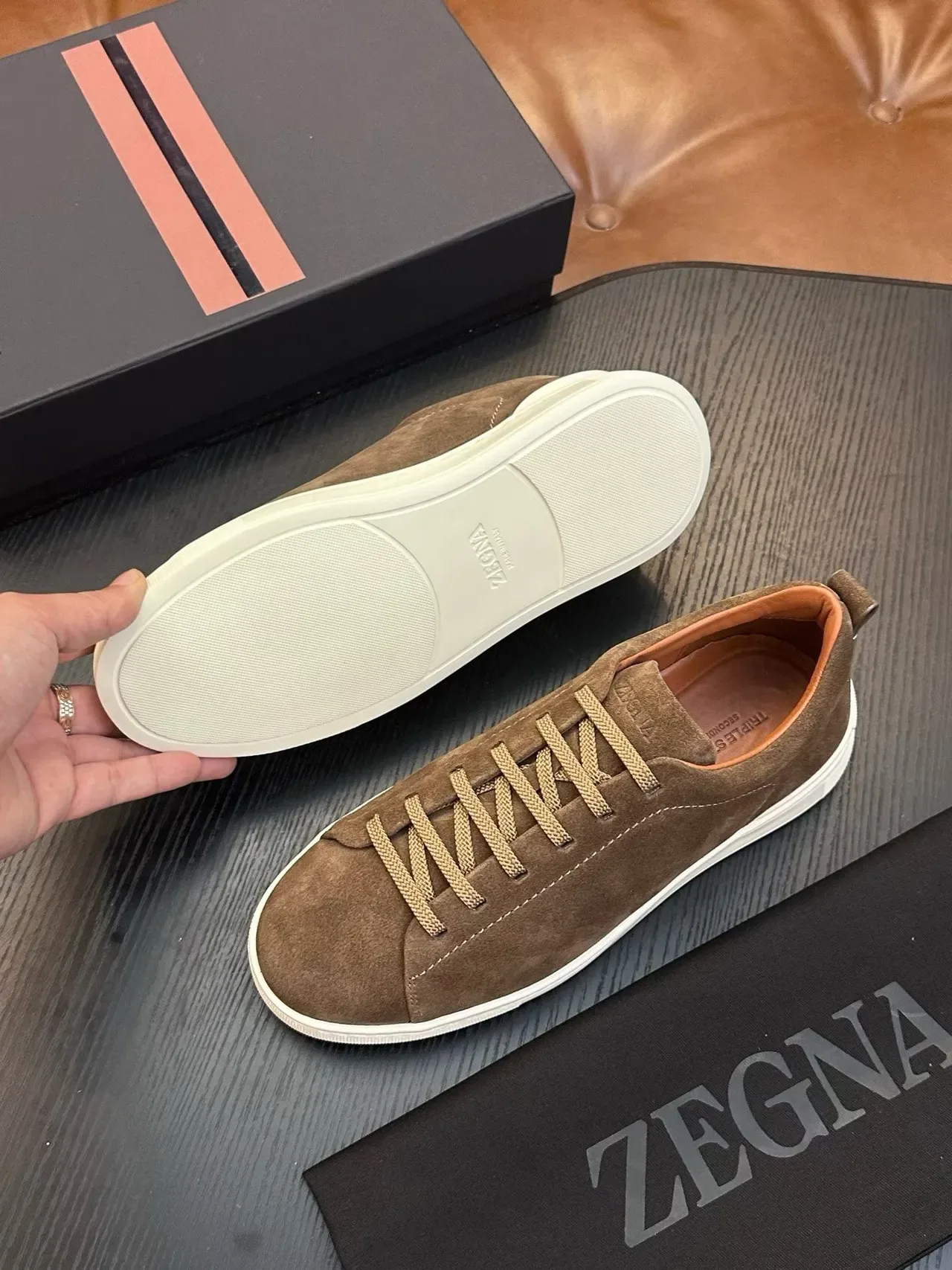 Zegna Brown White Suede Upper Low-Top Silhouette Sneakers 2