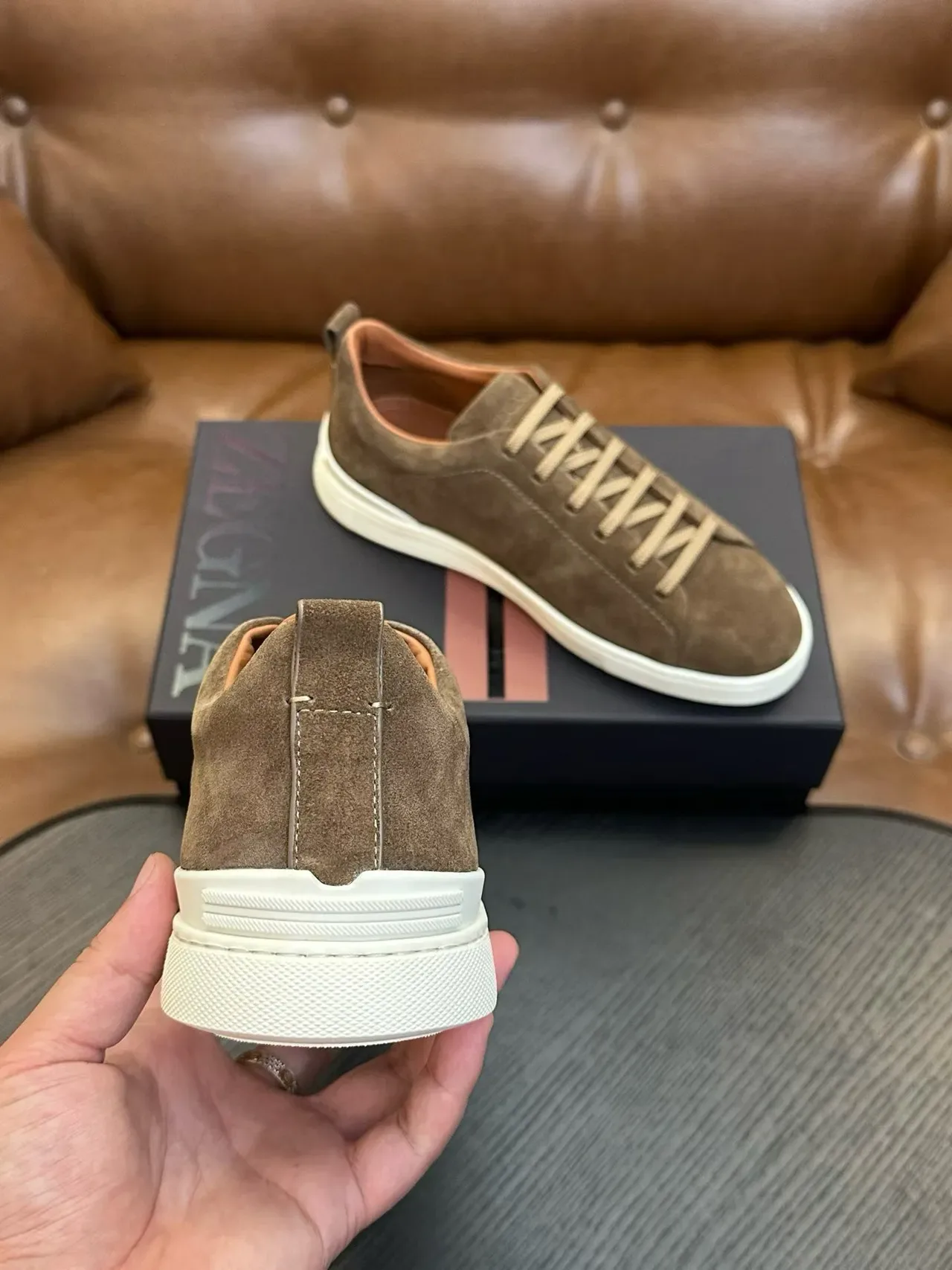 Zegna Brown White Suede Upper Low-Top Silhouette Sneakers 3