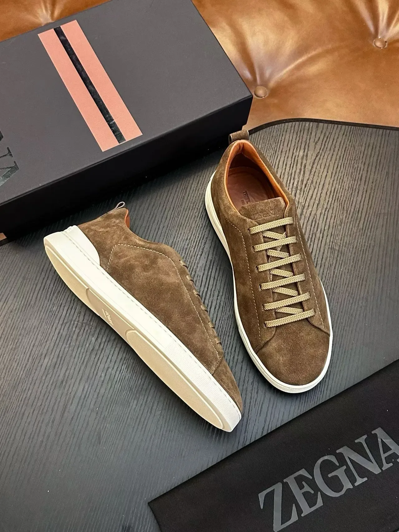 Zegna Brown White Suede Upper Low-Top Silhouette Sneakers 5