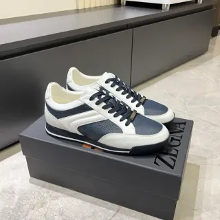Zegna Two-Tone Leather Navy and White Lifestyle Sneakers