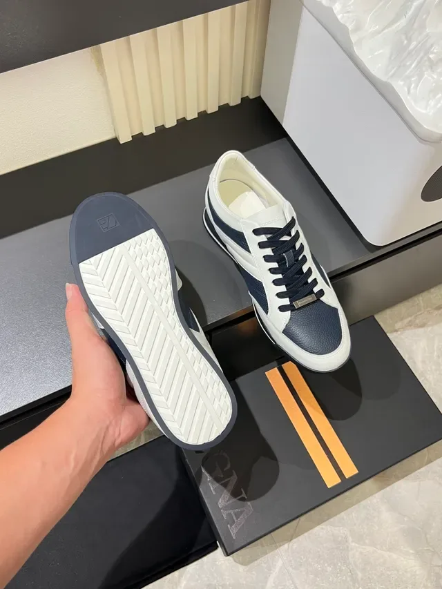 Zegna Two-Tone Leather Navy and White Lifestyle Sneakers 3