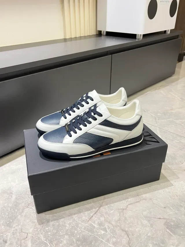 Zegna Two-Tone Leather Navy and White Lifestyle Sneakers 4
