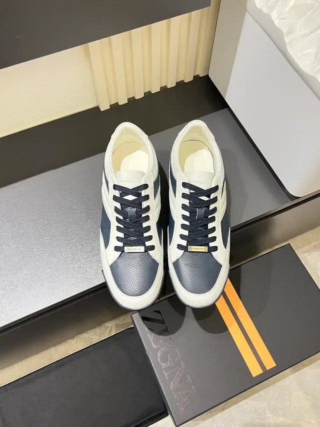 Zegna Two-Tone Leather Navy and White Lifestyle Sneakers 5