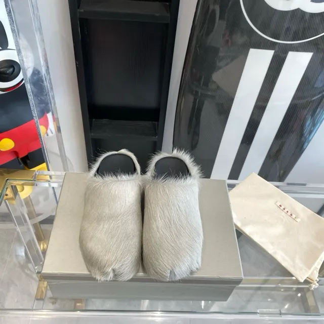 Acne Studios Fur Slippers Gray Black Open-Back Casual Shoes 6