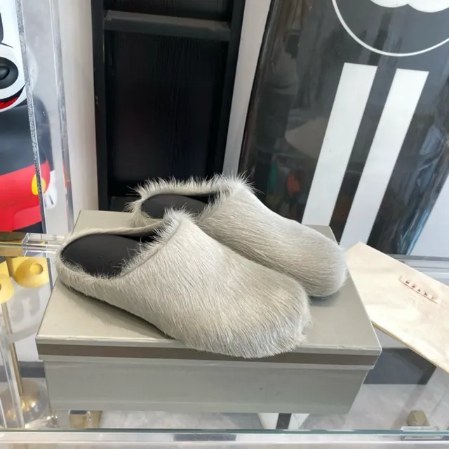 Acne Studios Fur Slippers Gray Black Open-Back Casual Shoes 7