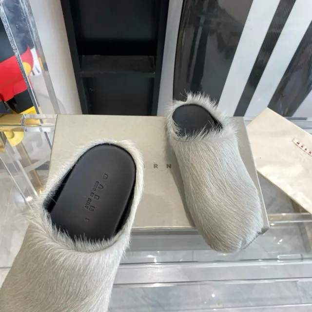 Acne Studios Fur Slippers Gray Black Open-Back Casual Shoes 9