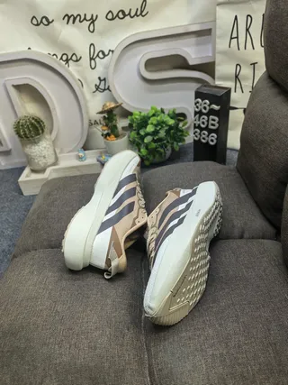 Adidas Beige Black Layered Mesh Upper Three-Stripe Branding Lifestyle Sneakers 6