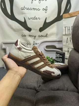 Adidas Beige Brown Textured Off-White Knit Upper Suede Three Stripes Lifestyle Sneakers 5