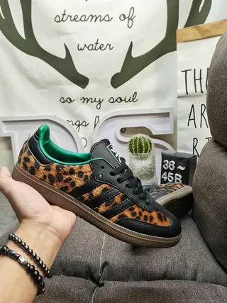 Adidas Brown Green Leopard-Print Upper Black Three-Stripe Overlays Lifestyle Sneakers 5