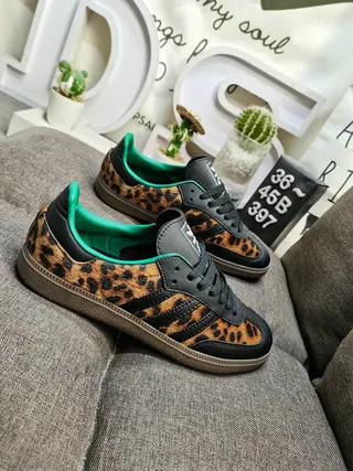 Adidas Brown Green Leopard-Print Upper Black Three-Stripe Overlays Lifestyle Sneakers 9