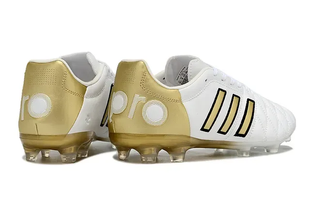 Adidas Copa Blanc et Or Cuir Matelassé Upper Trois Rayures Surface Firme Chaussures de Football 5