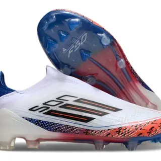 Adidas F50 White Blue Laceless Sock-Fit Upper Translucent Gradient Outsole Firm-Ground Soccer Shoes
