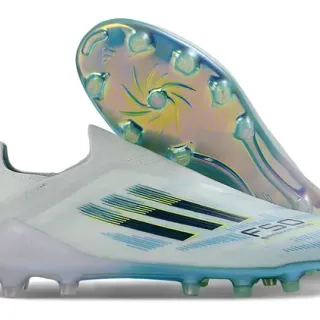 Adidas F50 White Blue Sock-Fit Upper Iridescent Sole Firm-Ground Soccer Shoes