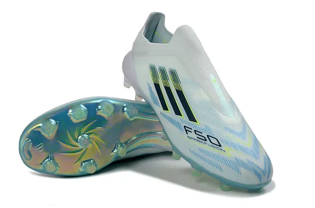 Adidas F50 Branco Azul Upper de Meias Sola Iridescente Solo Firme Sapatos de Futebol 4