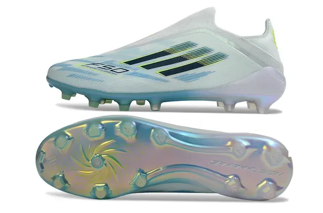 Adidas F50 Branco Azul Upper de Meias Sola Iridescente Solo Firme Sapatos de Futebol 6