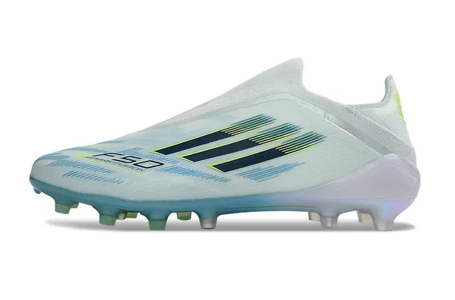 Adidas F50 Branco Azul Upper de Meias Sola Iridescente Solo Firme Sapatos de Futebol 7