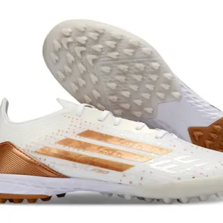 Adidas F50 White Gold Low-Cut Synthetic Upper Metallic Copper Stripe Detailing Turf Soccer Shoes