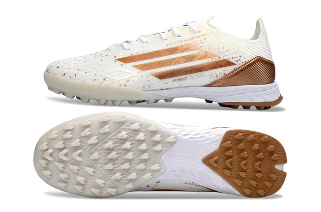 Adidas F50 White Gold Low-Cut Synthetic Upper Metallic Copper Stripe Detailing Turf Soccer Shoes 6